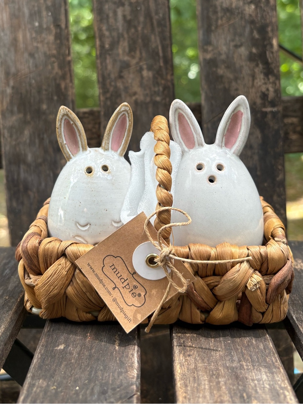 Mud Pie White Ceramic Bunny Salt & Pepper Shakers with Pink Ear Accents